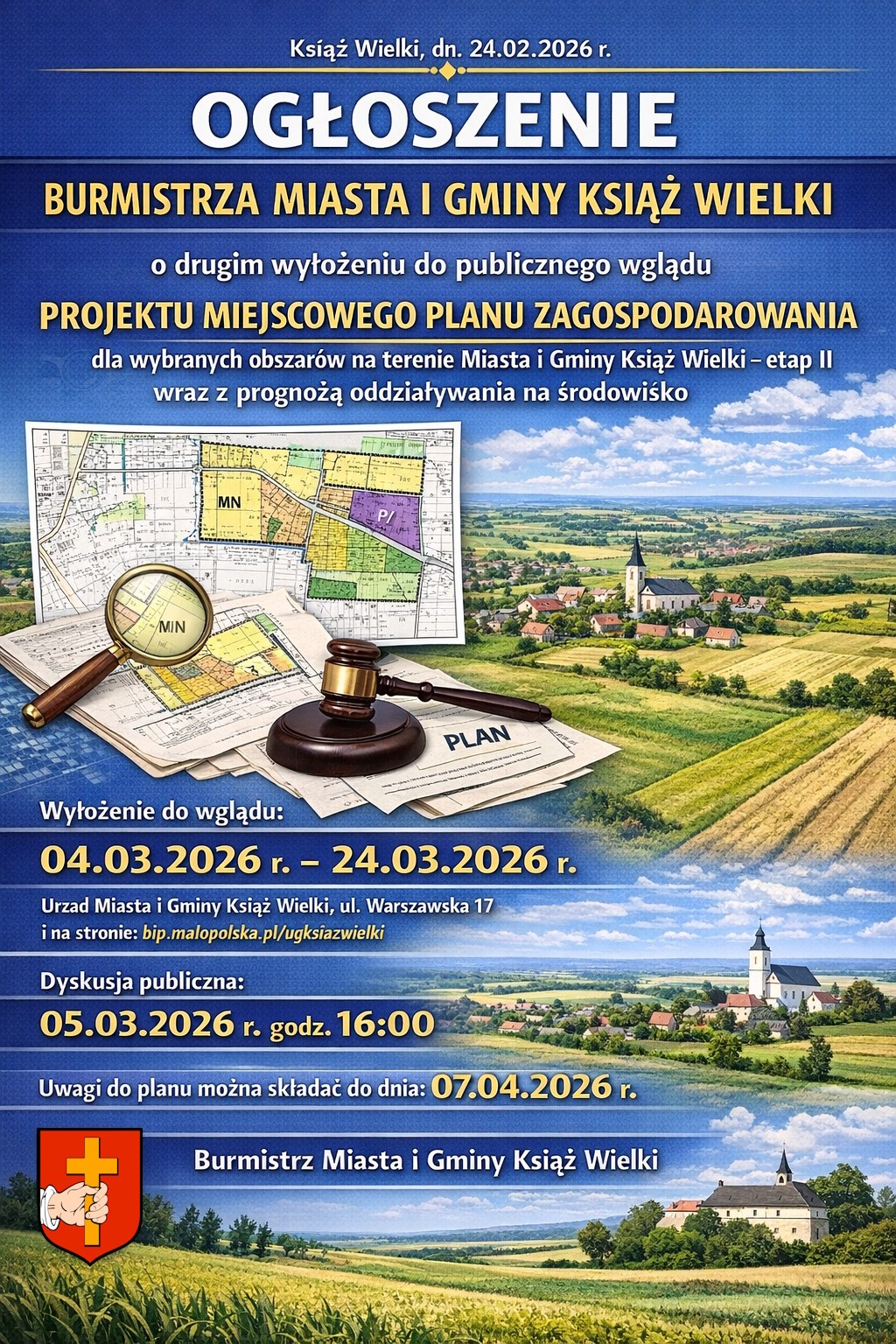OGŁOSZENIE BURMISTRZA MIASTA I GMINY KSIAŻ WIELKI o drugim wyłożeniu do publicznego wglądu projektu miejscowego planu zagospodarowania dla wybranych obszarów na terenie Miasta i Gminy Książ Wielki – etap II wraz z prognozą oddziaływania na środowisko