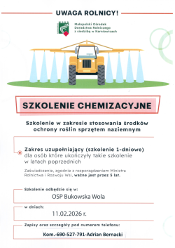 11.02.2026r.: UZUPEŁNIAJĄCE SZKOLENIE CHEMIZACYJNE DLA ROLNIKÓW